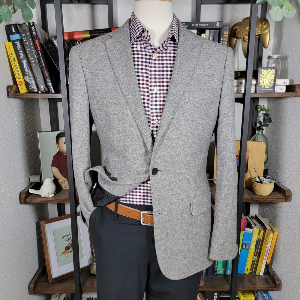 JCPenney Mens Flannel Sport Coat Blazer Surgeon Two Button Gray Wool Sz Medium